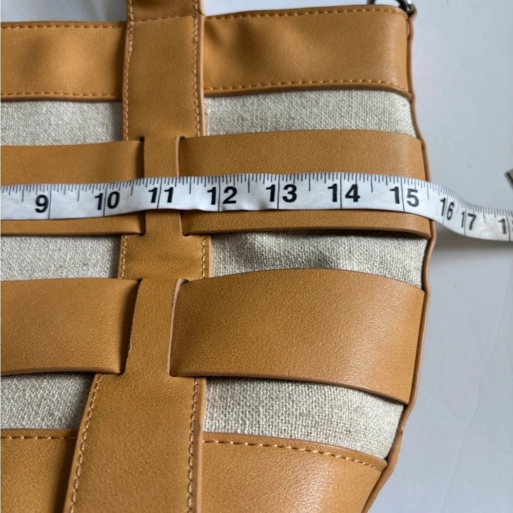 MIZTIQUE TAN NATURAL FAUX LEATHER AND CANVAS HAND BAG ZIP CLOSURE POCKET INSIDE